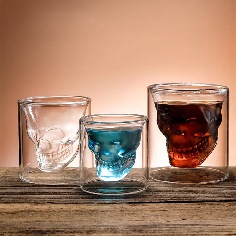 Parede dupla xícara de café transparente caneca copos chá crânio copos de cristal suco água drinkware para whisky barra cerveja vinho vidro canecas