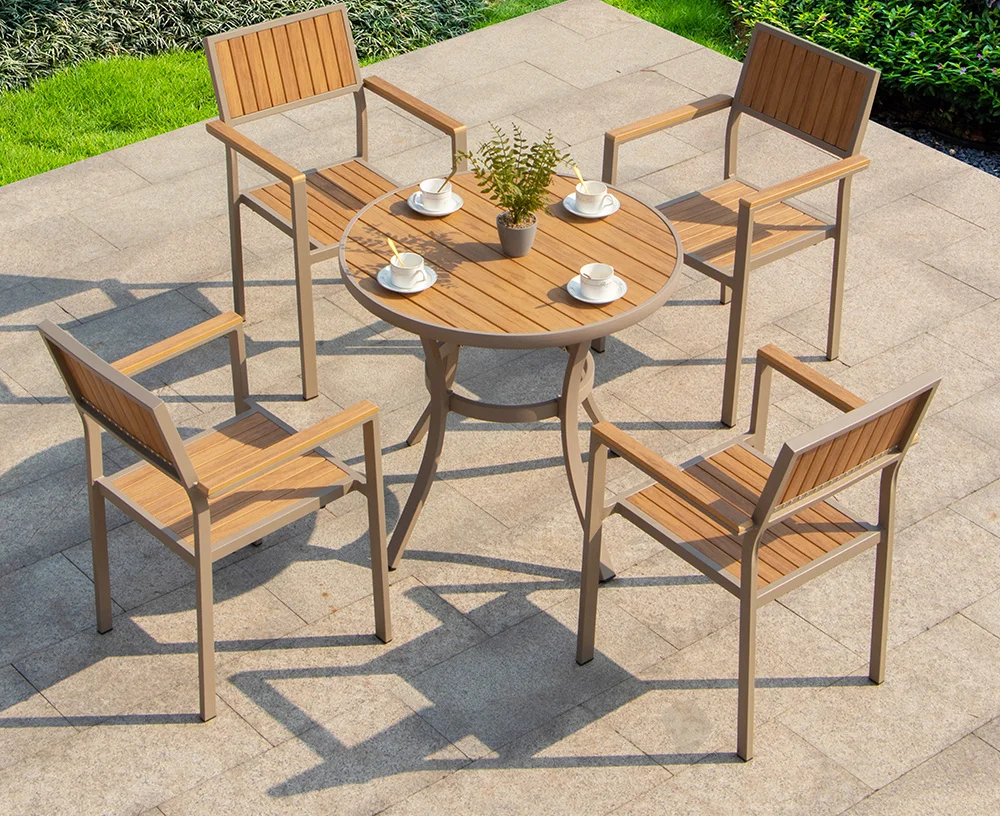 Modern patio furniture Plastic wood outdoor restaurant garden tables and chairs outdoor furniture patio dinning table 6 chairs