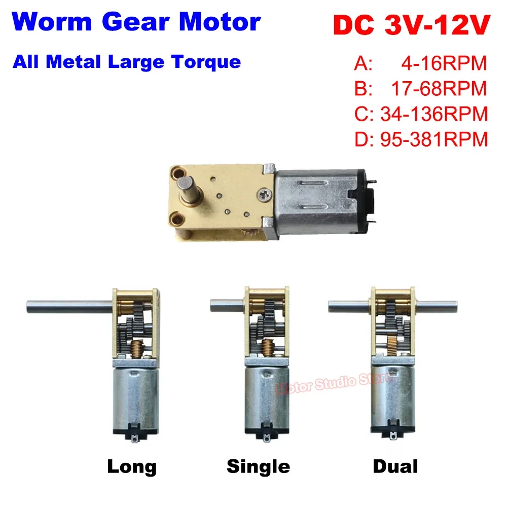 Mini N20 Metal Gearbox Reducer Motor Single/Dual Axis Long Shaft DC 3V-12V Slow Speed Worm Gear Motor Large Torque For Car Train