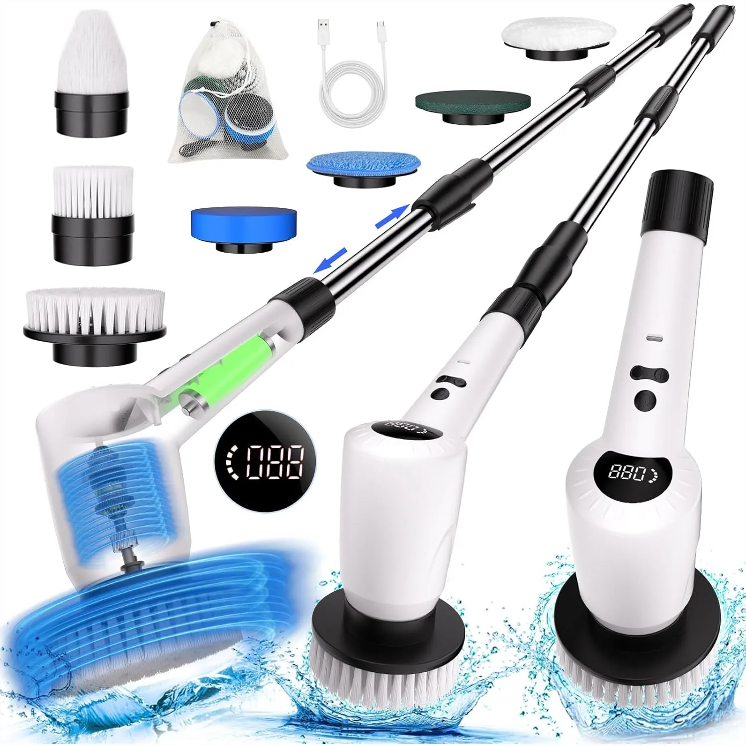 

Electric Spin Scrubber, Cordless Tub and Tile Scrubber with Adjustable Extension Arm, 3 Speeds 7 Replaceable Heads for Bathroom