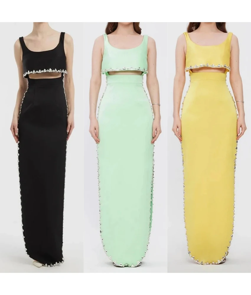 

Customized Sexy Jersey Straight Crystal Spaghetti Straps Evening Dress High Quality O-neck Sleeveless Floor Length Prom Gowns
