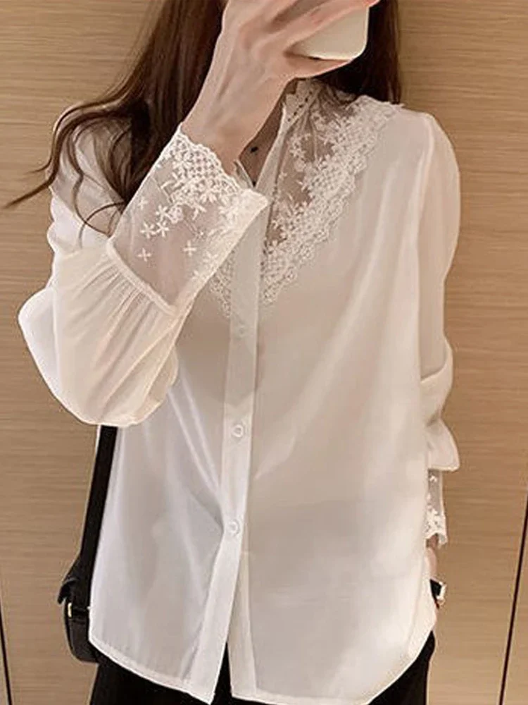 Black Lace Patchwork Shirt Women Autumn Long Sleeve Single Breasted Blouse Elegant Office Ladies Korean Fashion Slim Blusa Mujer