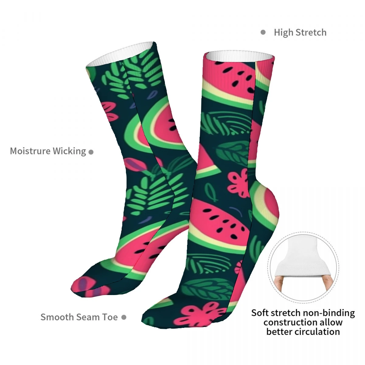 Watermelon Slices And Leaves Mens Womens Funny Crew Socks Cool 3D Printed Design Socks Fashion Comfortable Basketball Socks