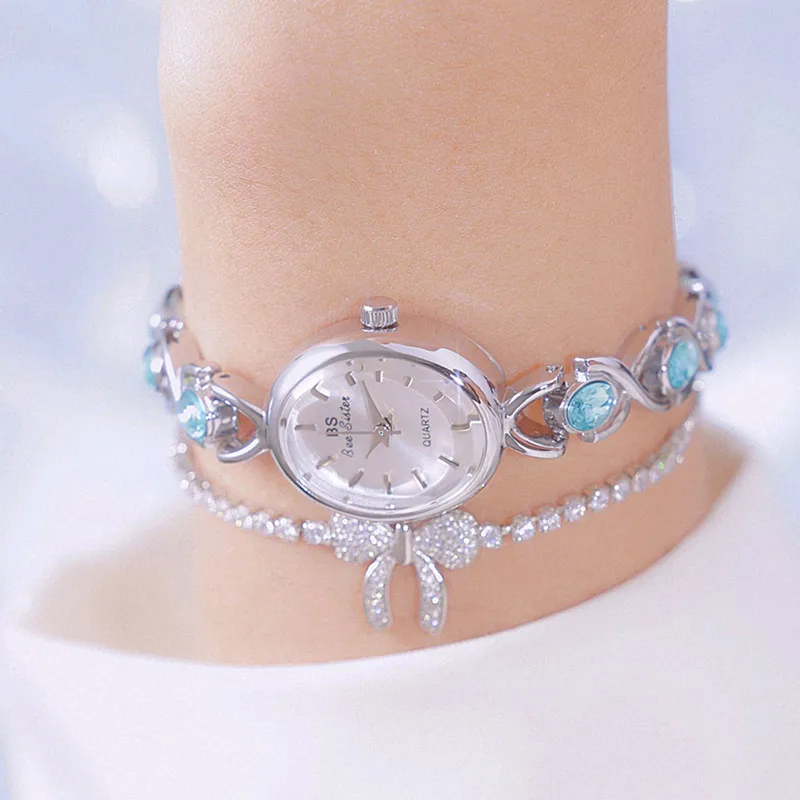 New Oval Dial Glacier Sapphire Rhinestone Small Dial for Ladies, Elegant Gold Bracelet, Waterproof Watch for Holiday Gifts