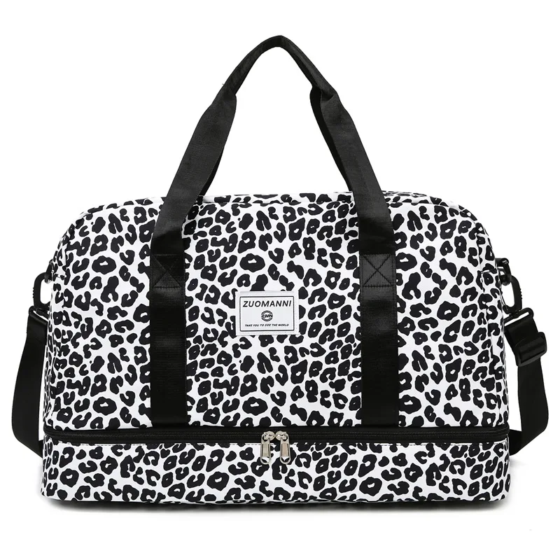 Trendy Zebra Print Waterproof Duffel Detachable Strap Shoe Pocket Gym Bag for Women Short Overnight Travel Weekend Sports Trip