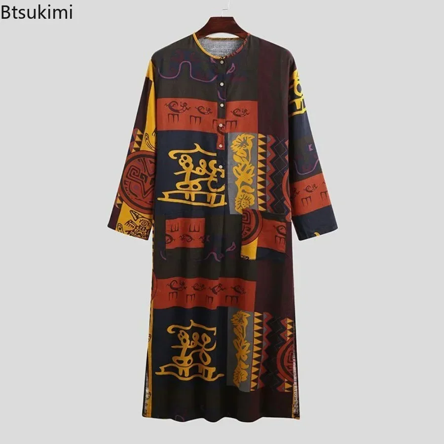 2026 Muslim Men Clothing Abaya Loose Casual Nightgowns Bathrobe Robe Kaftan Holiday Beach Long Robe Moroccan Kaftan Arabic Dress