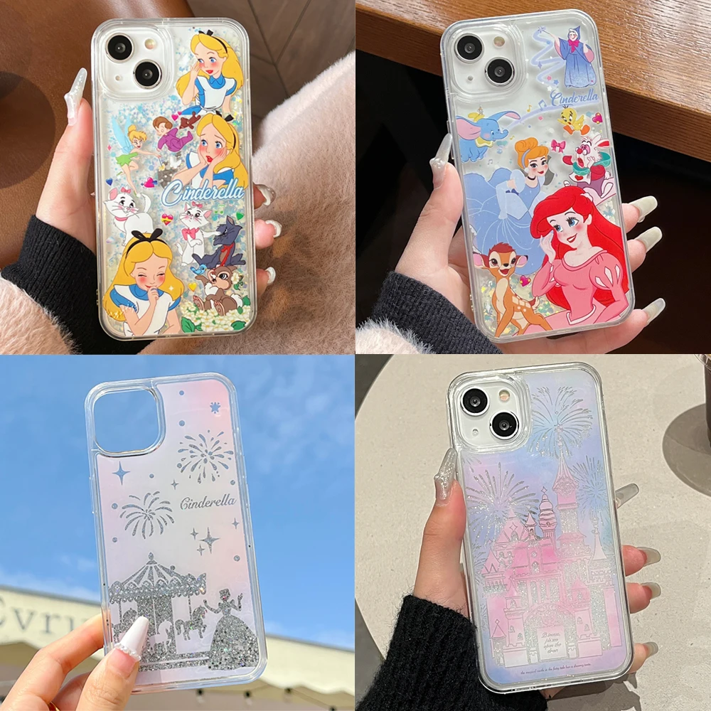 Phone Case For iPhone 15 Plus 11 12 13 14 Pro Max Disney Mermaid Alice Cinderella Bell Princess Flowers Quicksand Hard Cover