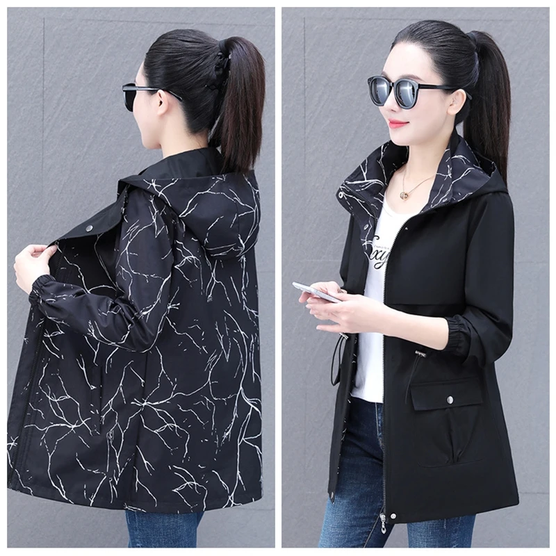 2025 Spring Autumn Double-Sided Trench Coat Women Windbreaker Long Sleeve Hooded Reversible Female Streetwear Mid-Long Outerwear