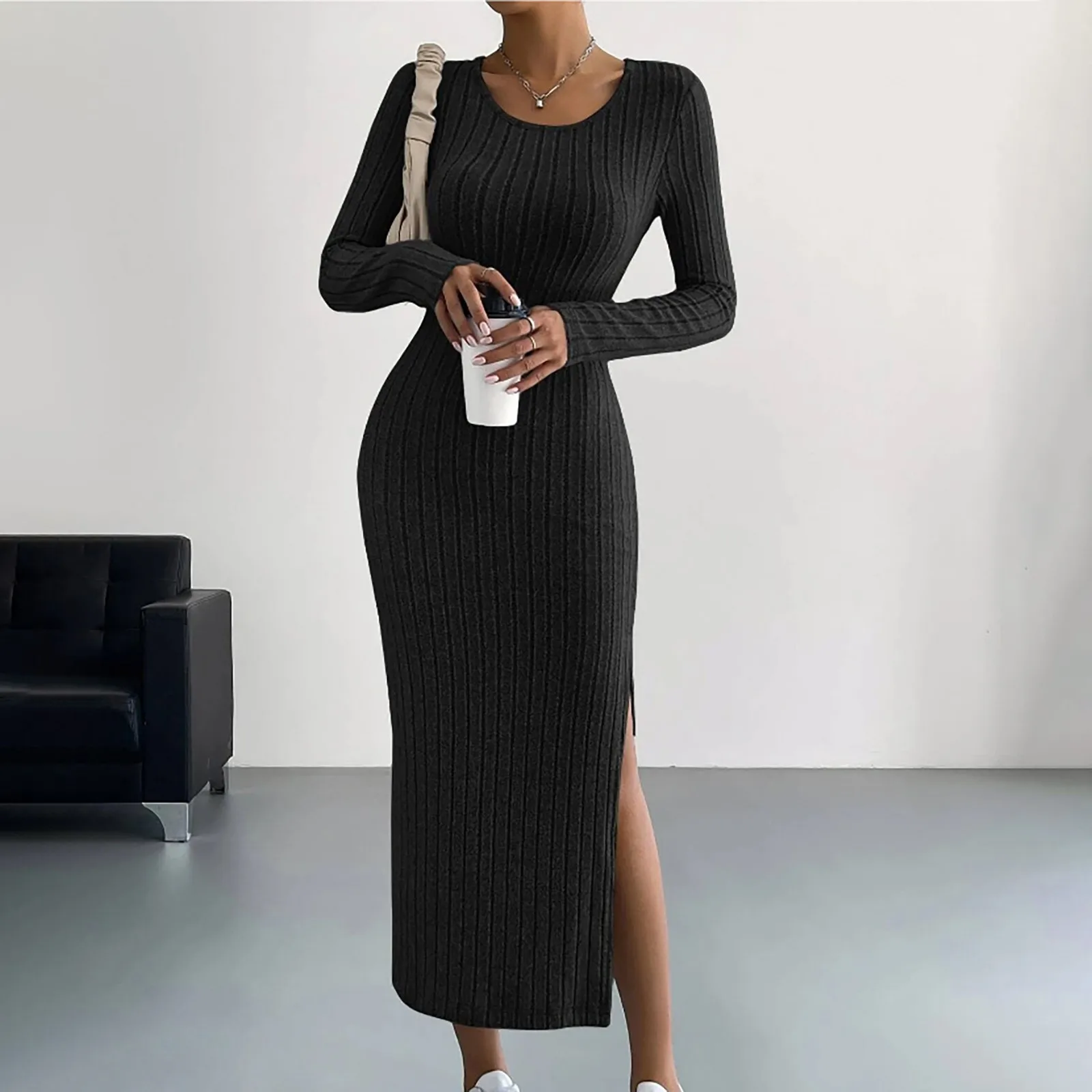 Female Autumn Winter Knit Dresses Casual Elegant Stretchy Long Sleeved Slim Vintage Fashion Dress Robe Women Vestidosr Clothing