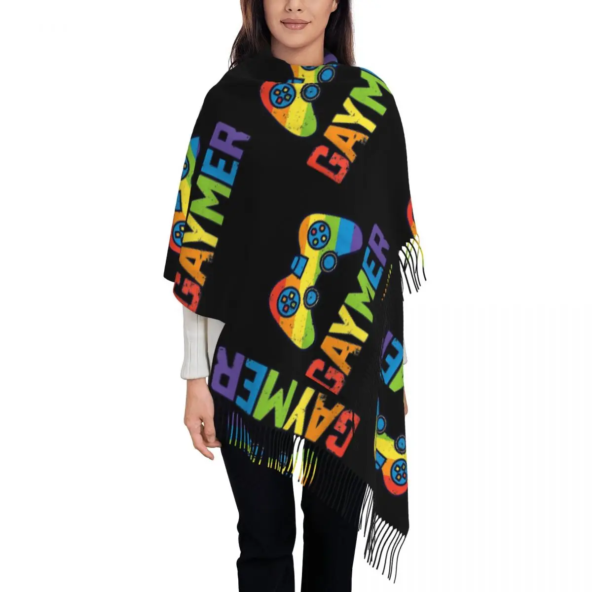 Gaymer Gamer Gay Pride LGBT Lesbian Rainbow Flag Scarf Tassel Scarves Women Soft Warm Shawls and Wraps Fall Winter Shawl Wrap