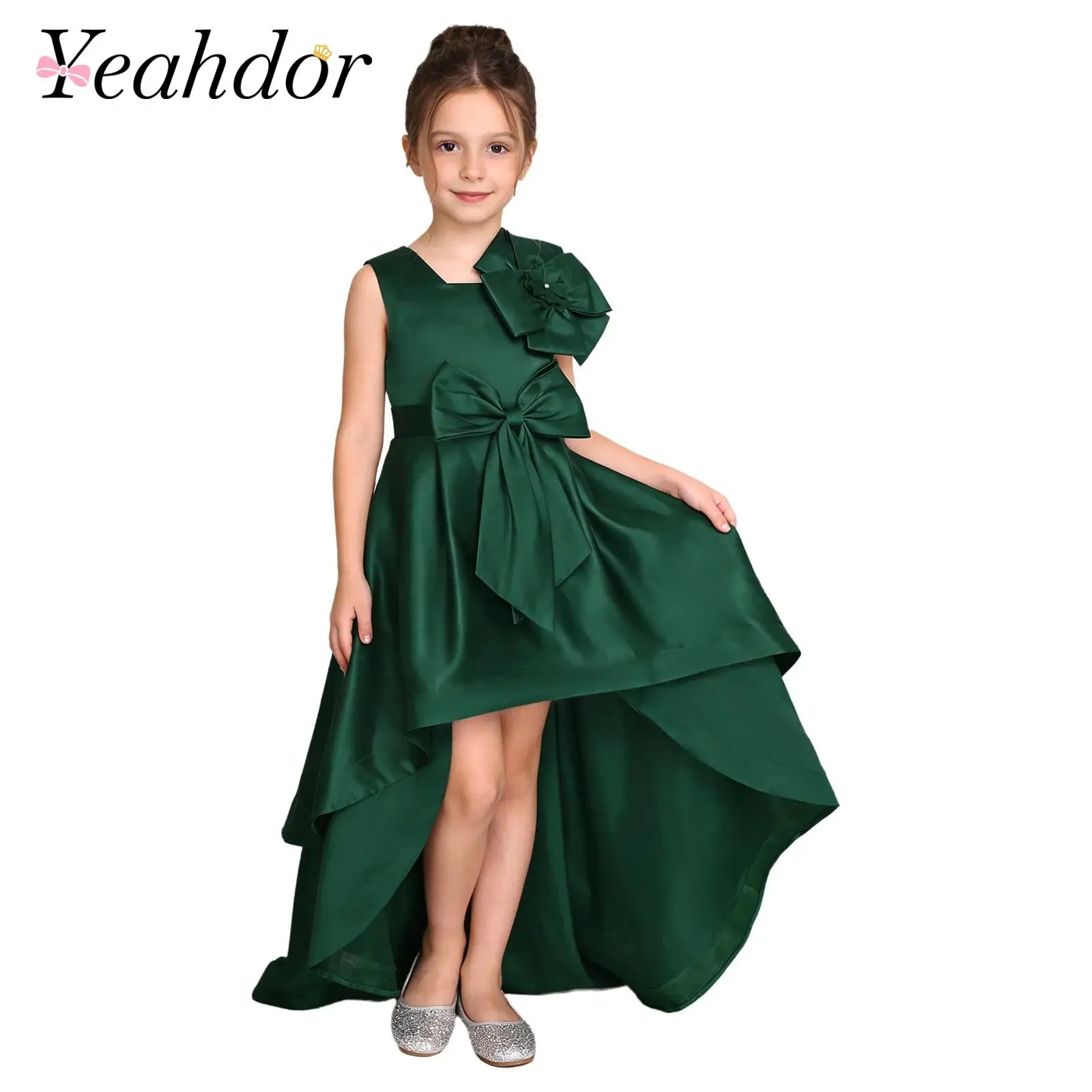 

Flower Girl Dress with Bow Elegant Children's Tiered High-Low Hem Maxi Princess Dress Wedding Party Junior Bridesmaid Vestidos