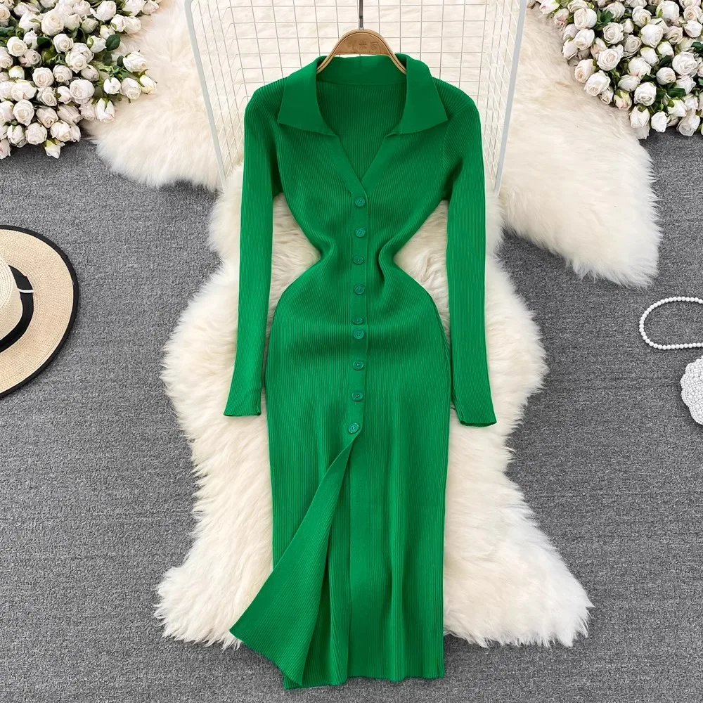 YuooMuoo Chic Fashion Sexy Package Hips Knitted Shirt Dress 2024 Autumn Winter Elegant Single-breasted Bodycon Sweater Dress