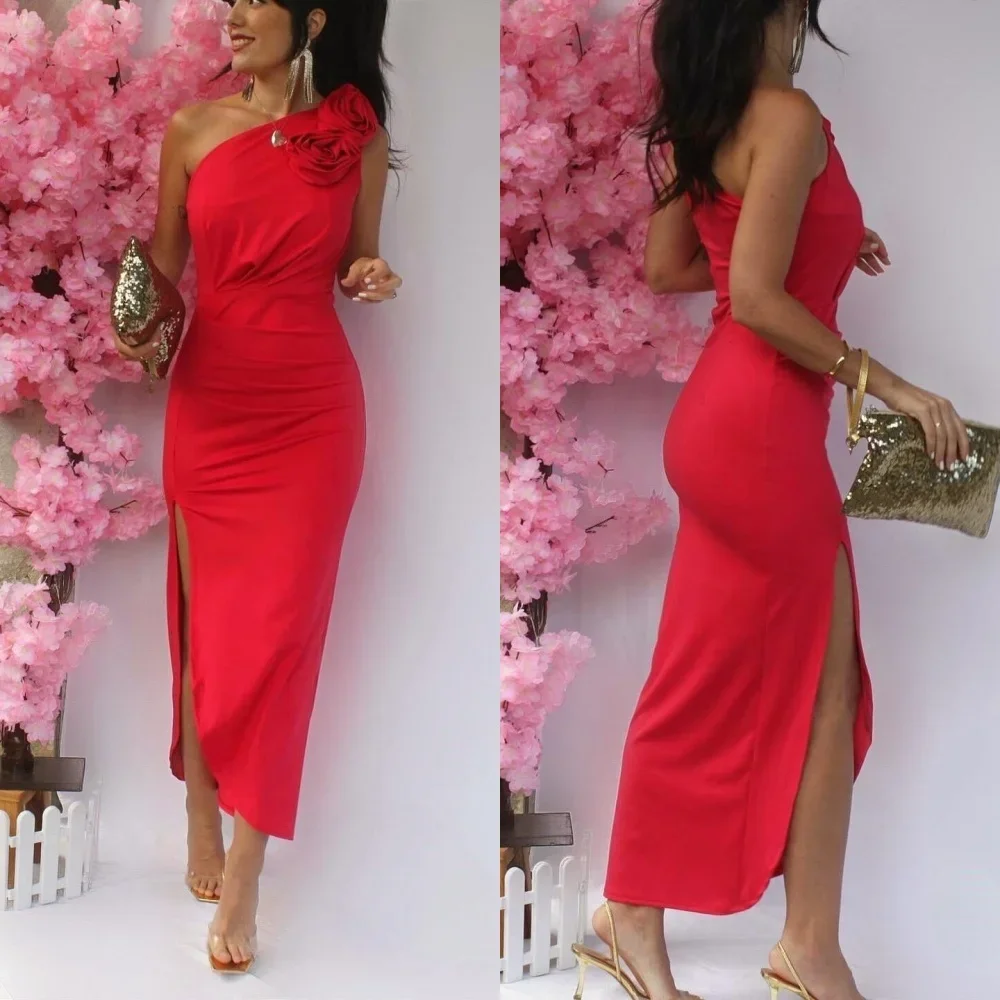 

Customized Jersey Flower Ruched Wedding Party A-line One-shoulder Bespoke Occasion Gown Midi Dresses