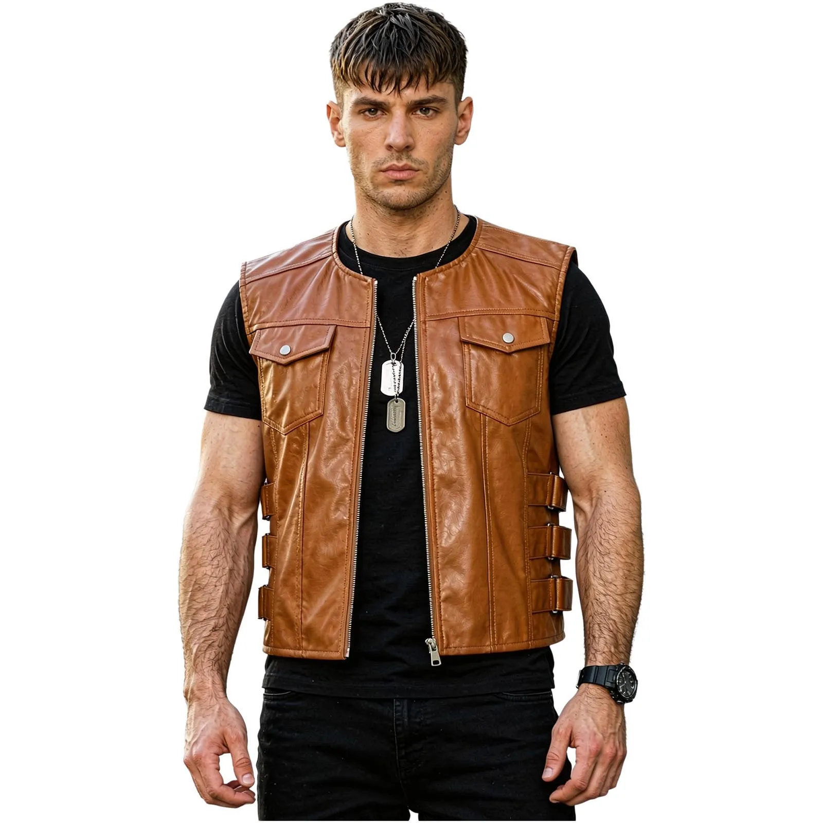 Men Motorcycle Faux Leather Party Vest Side Button Straps Zipper Sleeveless Jacket with Flap Pockets for Motorcycling Club