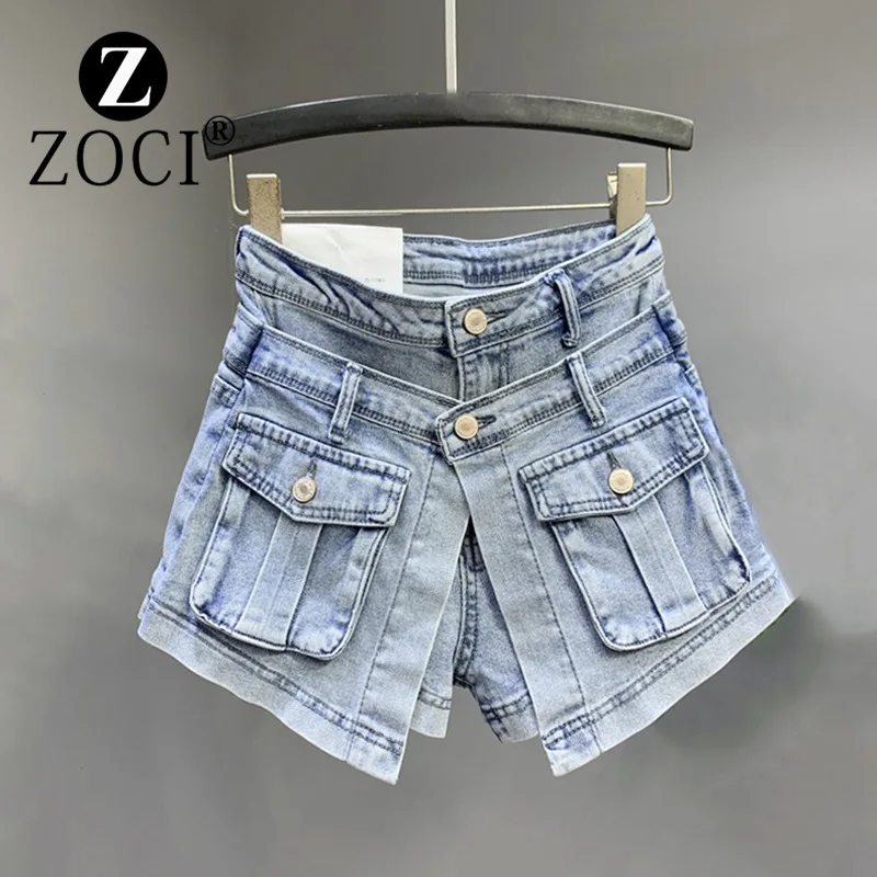 

[zoci] 2024 Summer New Slim Fit High Waist Washed Two-piece Design Denim Shorts A-line Wide Leg Pants Trend