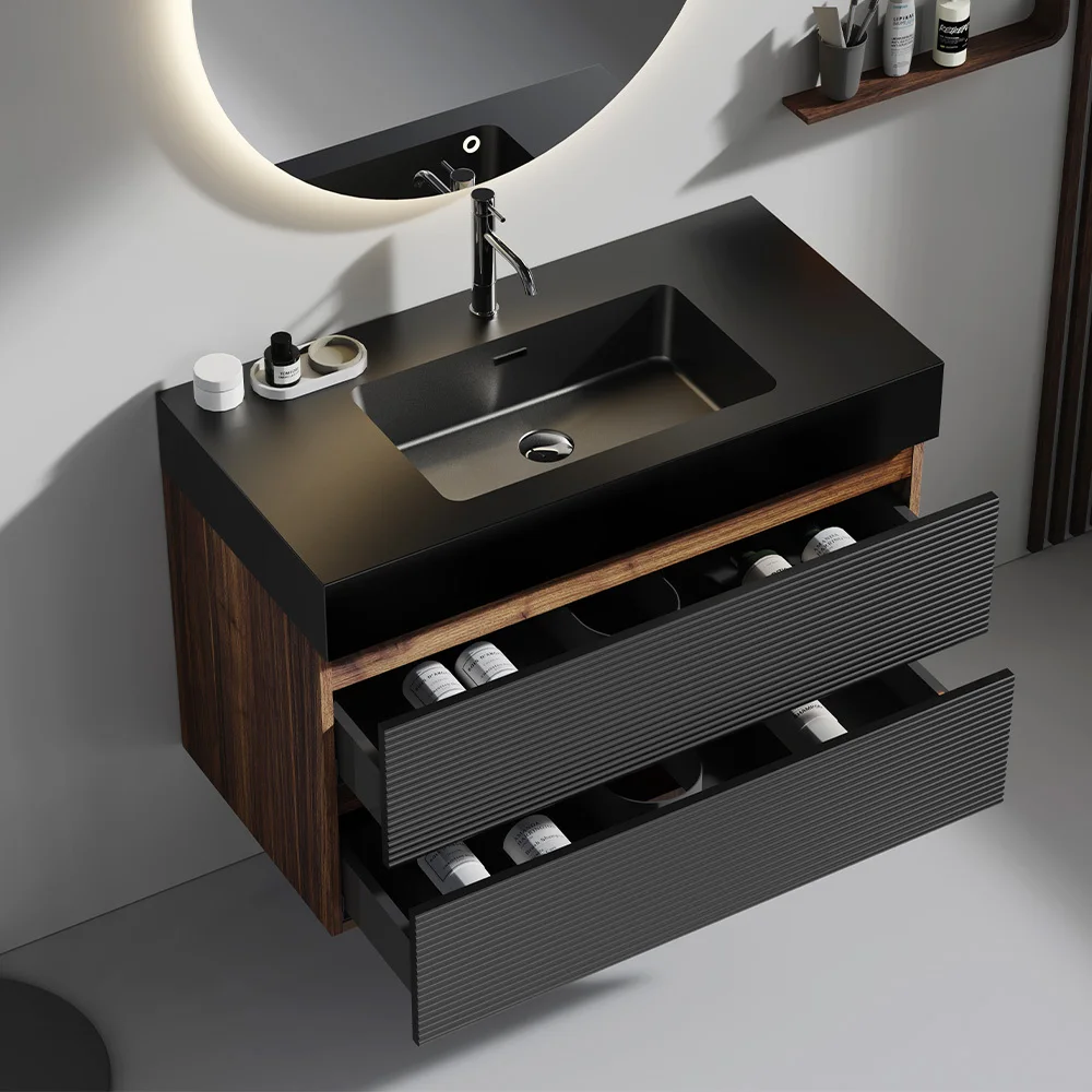 

Grace 36" Walnut Bathroom Vanity with Matt Black Engineered Quartz Sink and Soft Black Drawers, Wall Mounted Floating Bathroom