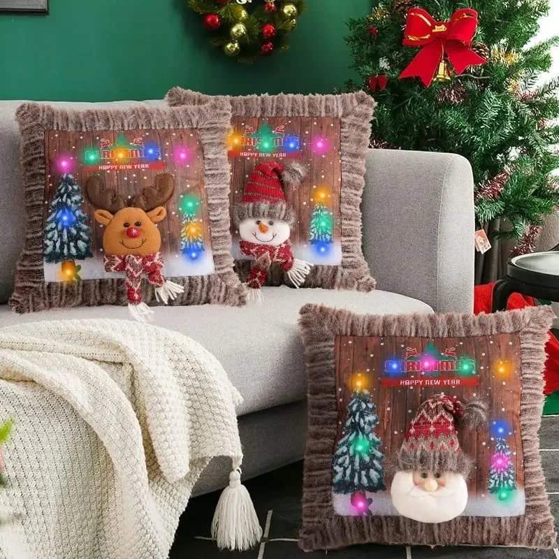 

Christmas Light-Up Pillowcase Santa Elk Snowman Light Pillowcase Living Room Sofa Led Christmas Plush Luminous Hug Pillowcase