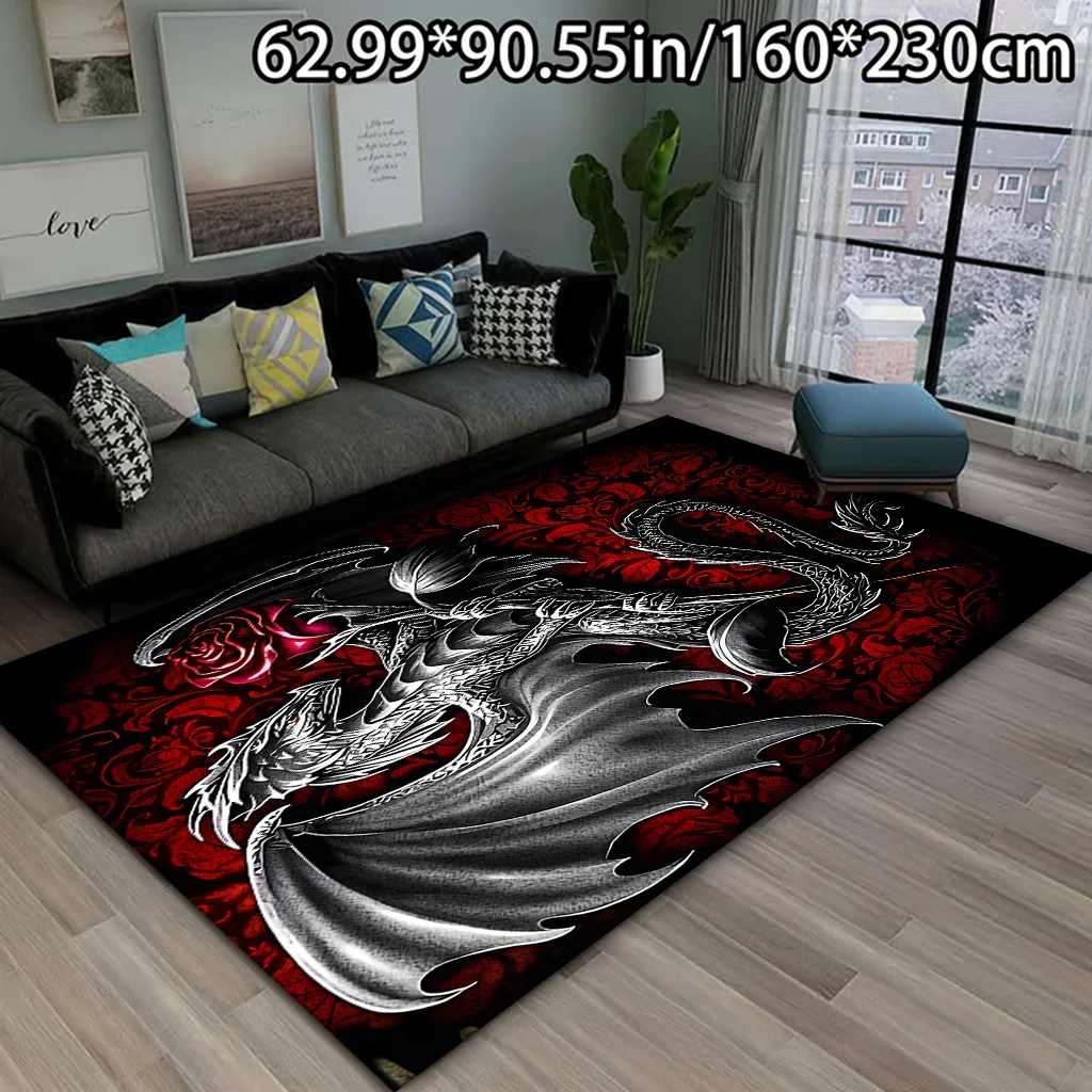1pc Dark Gothic Dragon And Rose Doormat, Velvet Surface, Non Slip Backing, Soft Durable Comfortable, Perfect for Entryway
