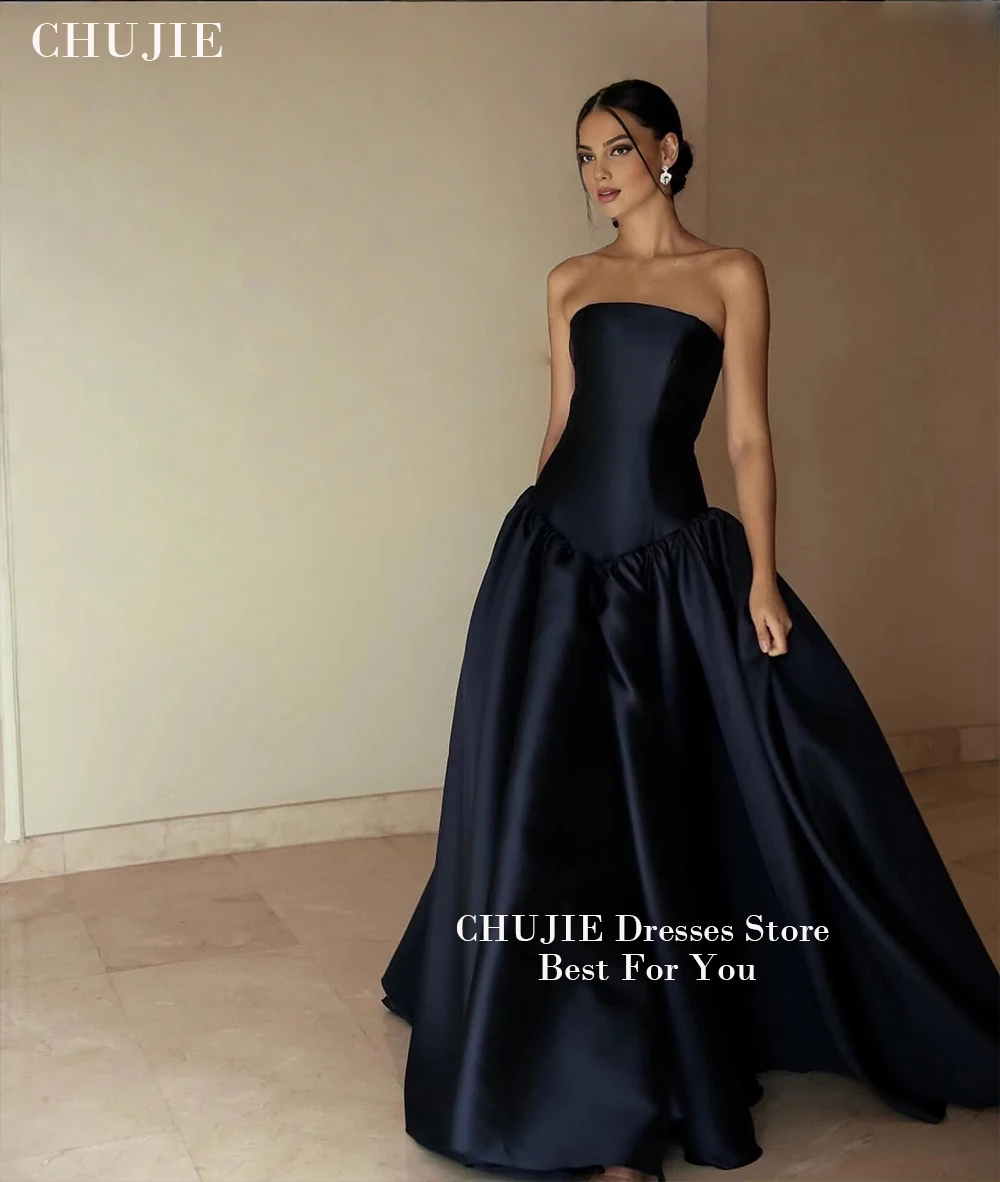 

Customized Dark Navy Saudi Party Evening Dress Elegant Prom Gown Strapless A-Line Floor Length Women Special Occasion Gowns