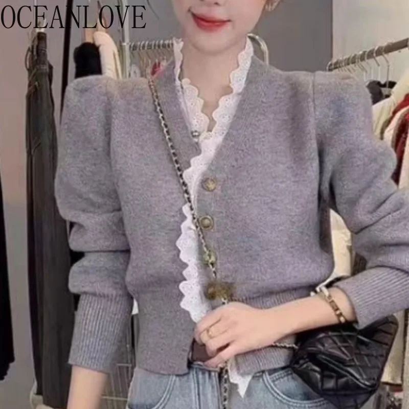 OCEANLOVE Lace Patchwork Women Cardigans Korean Fashion Sweet Autumn Winter Sweaters V Neck Basics Retro Sueter De Mujer