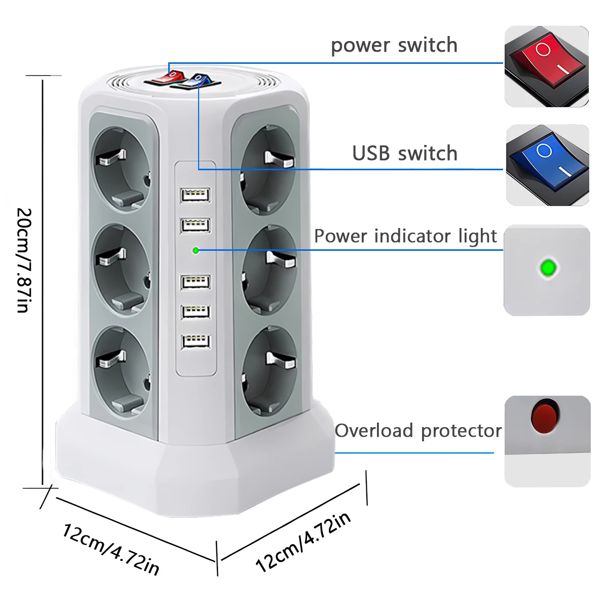 EU Plug Power Strip Tower with 12 Outlets Electrical Socket 5 USB Ports and 5.9FT Extension Cable Fast Charging vertical Socket