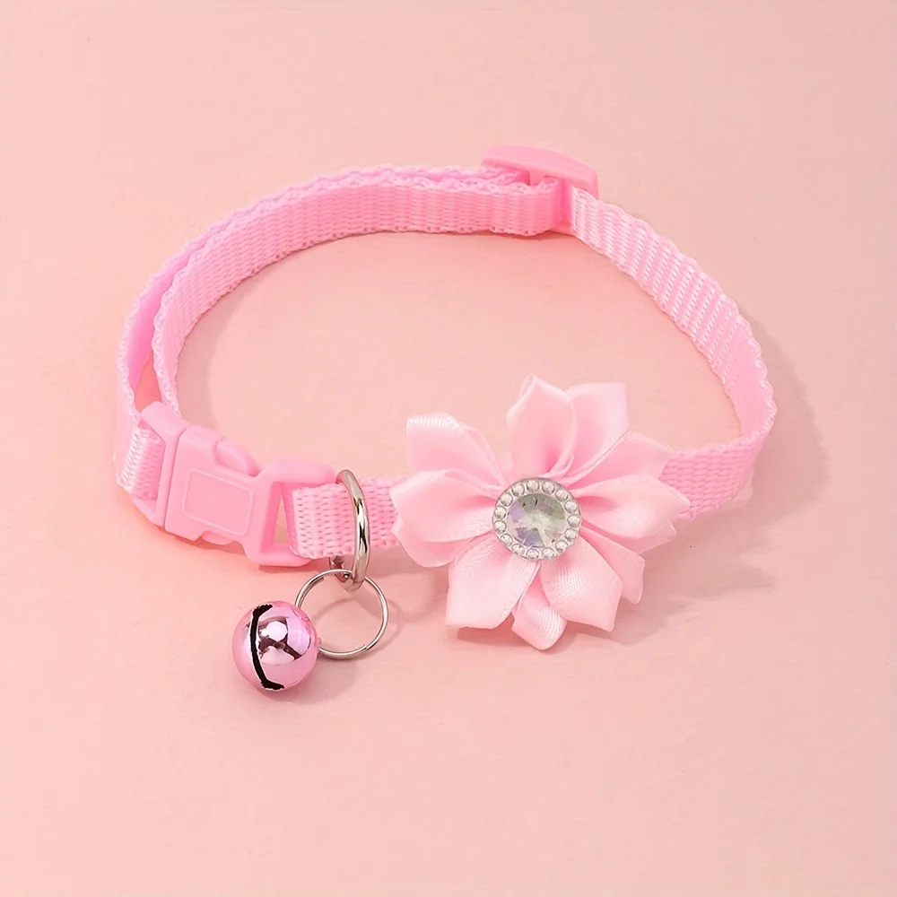 Nylon Flower Embellished Cat Collar with Bell, Adjustable Pet Collar for Cats and Small Dogs, Multiple Colors Available - One Si