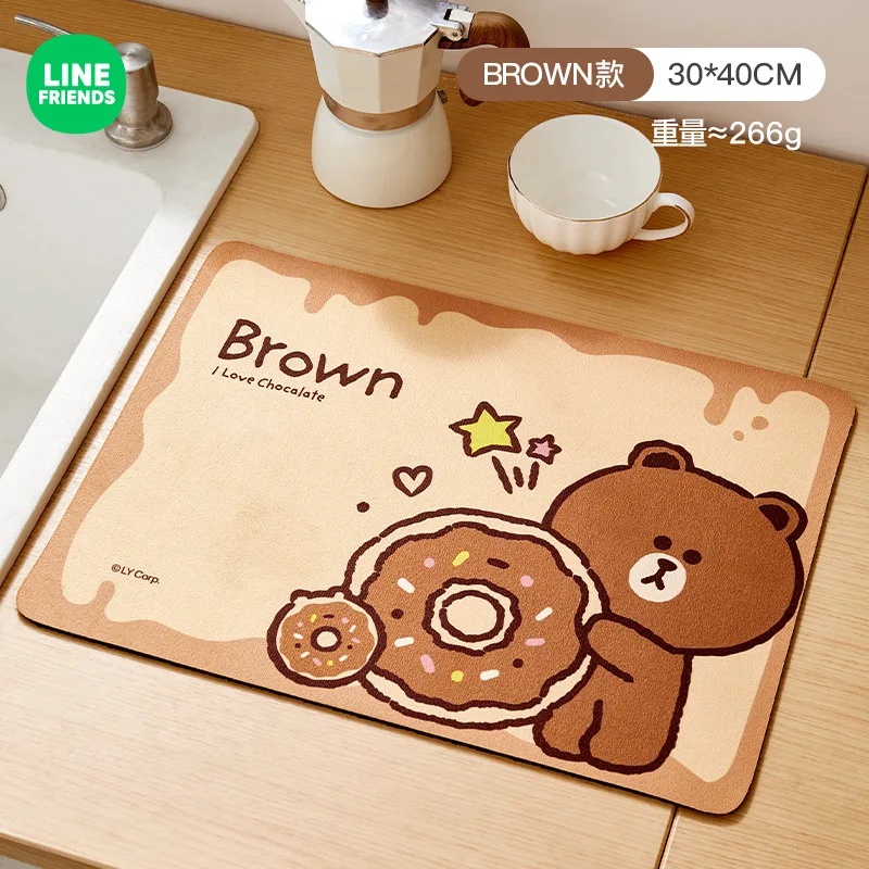 LINE FRIENDS Brown Cony Cartoon Diatom Mud Meal Mat Anime Kawaii Kitchen Drain Bowl Plate Insulation Desktop Water Absorbing Mat