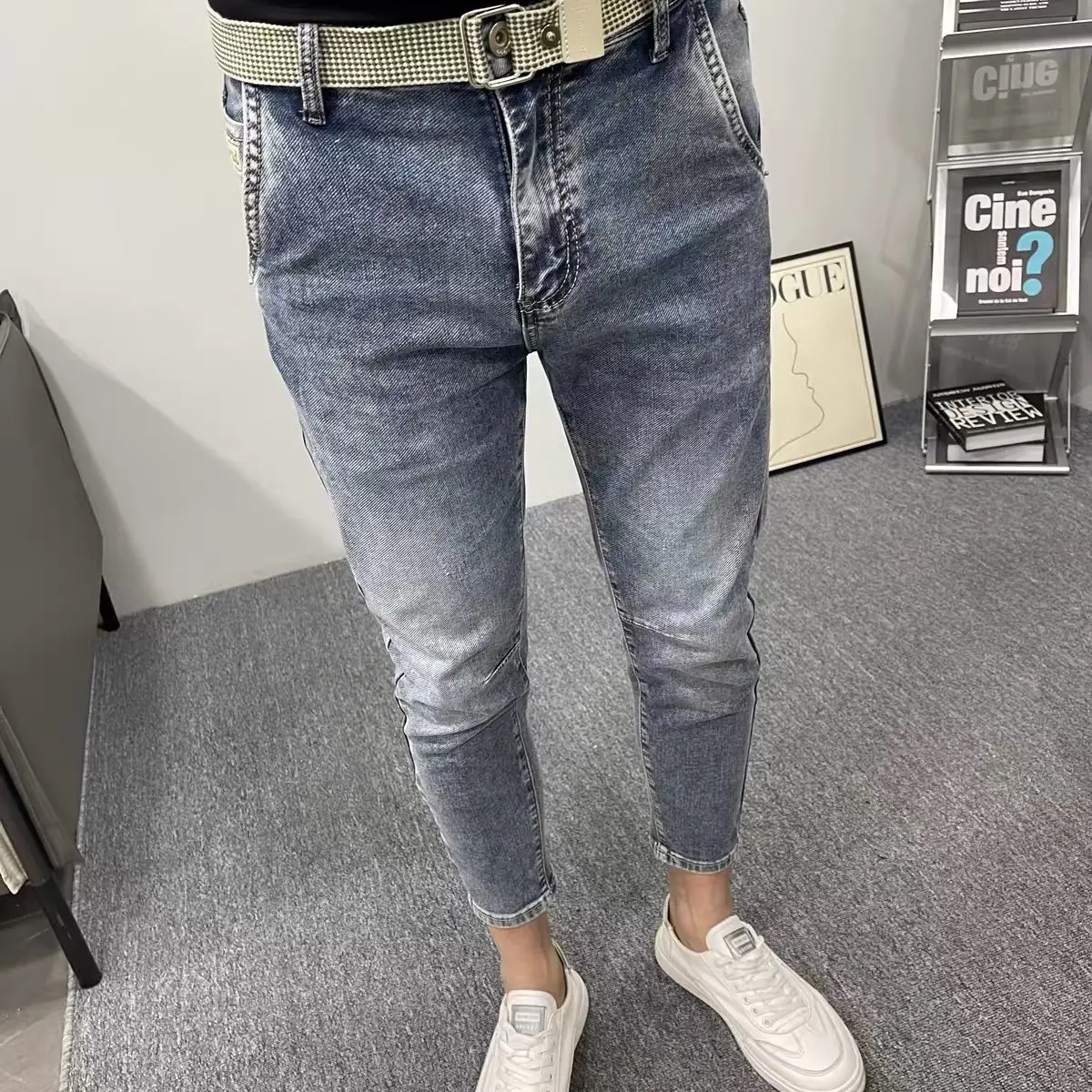 

Новые мужские светло-голубые джинсовые джинсы Slim Fit Nine Points Elastic Casual Leisure Faion Brand Micro Stretch Slim Straight Leg