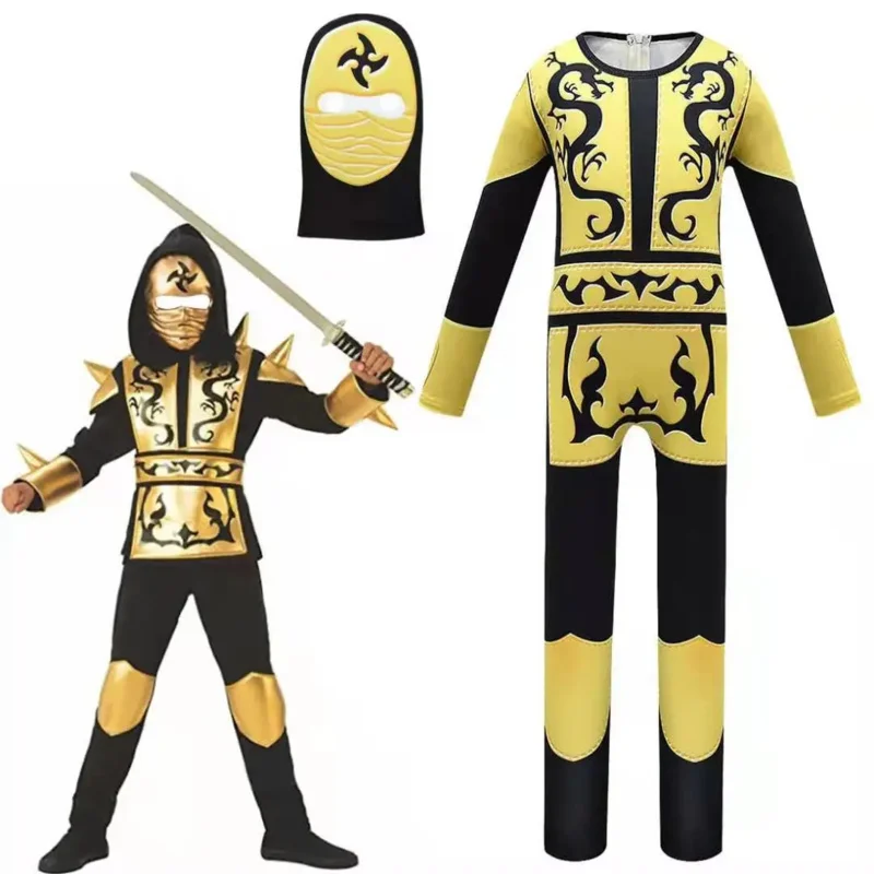 Disfraz de Ninja para niños, disfraz de dragón dorado y plateado, camisa con capucha, pantalones, cinturón con máscara, disfraz de Carnaval