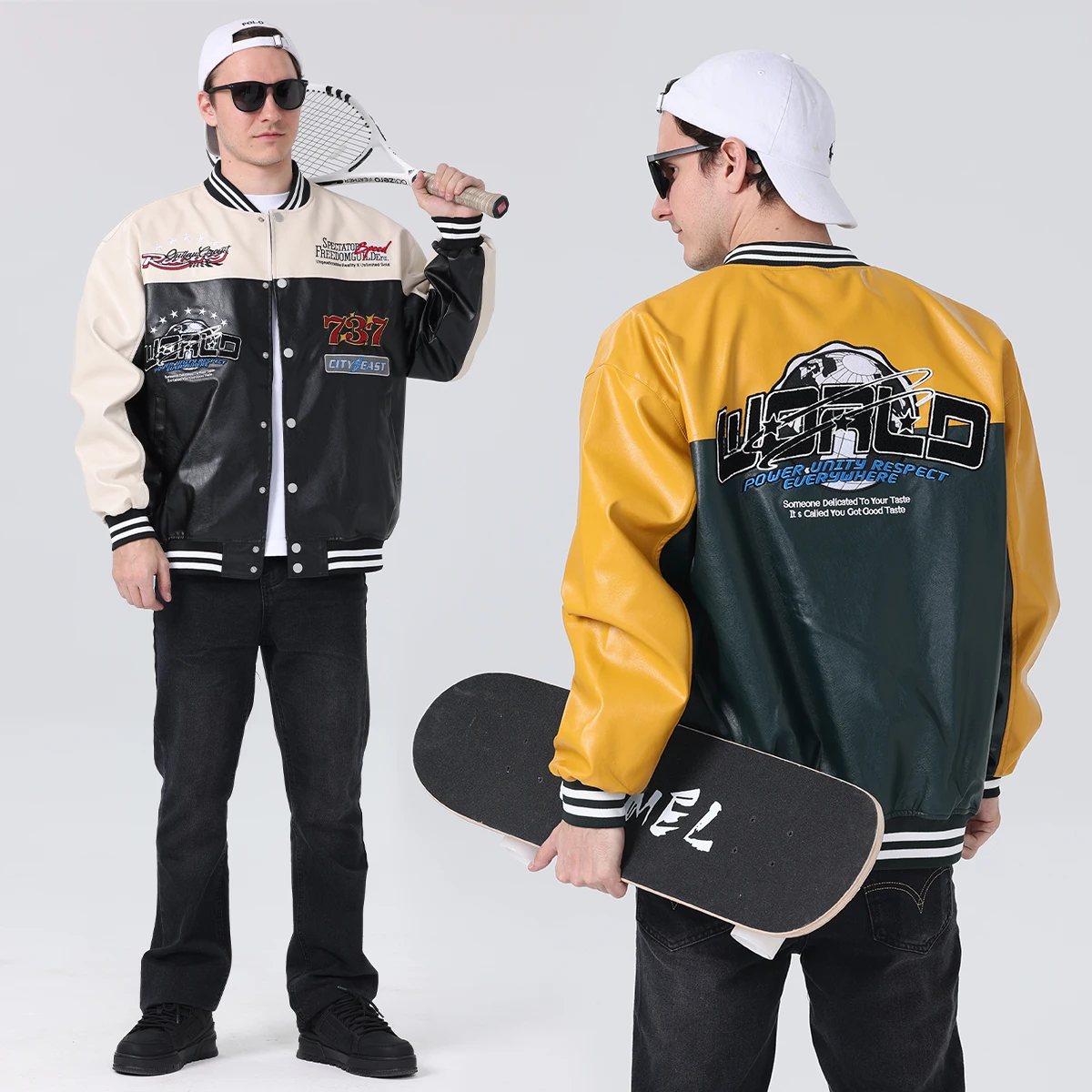 Jaqueta masculina de couro PU falso, outerwear solto casual de motociclista, casacos de beisebol varsity, primavera e outono, 24h enviado