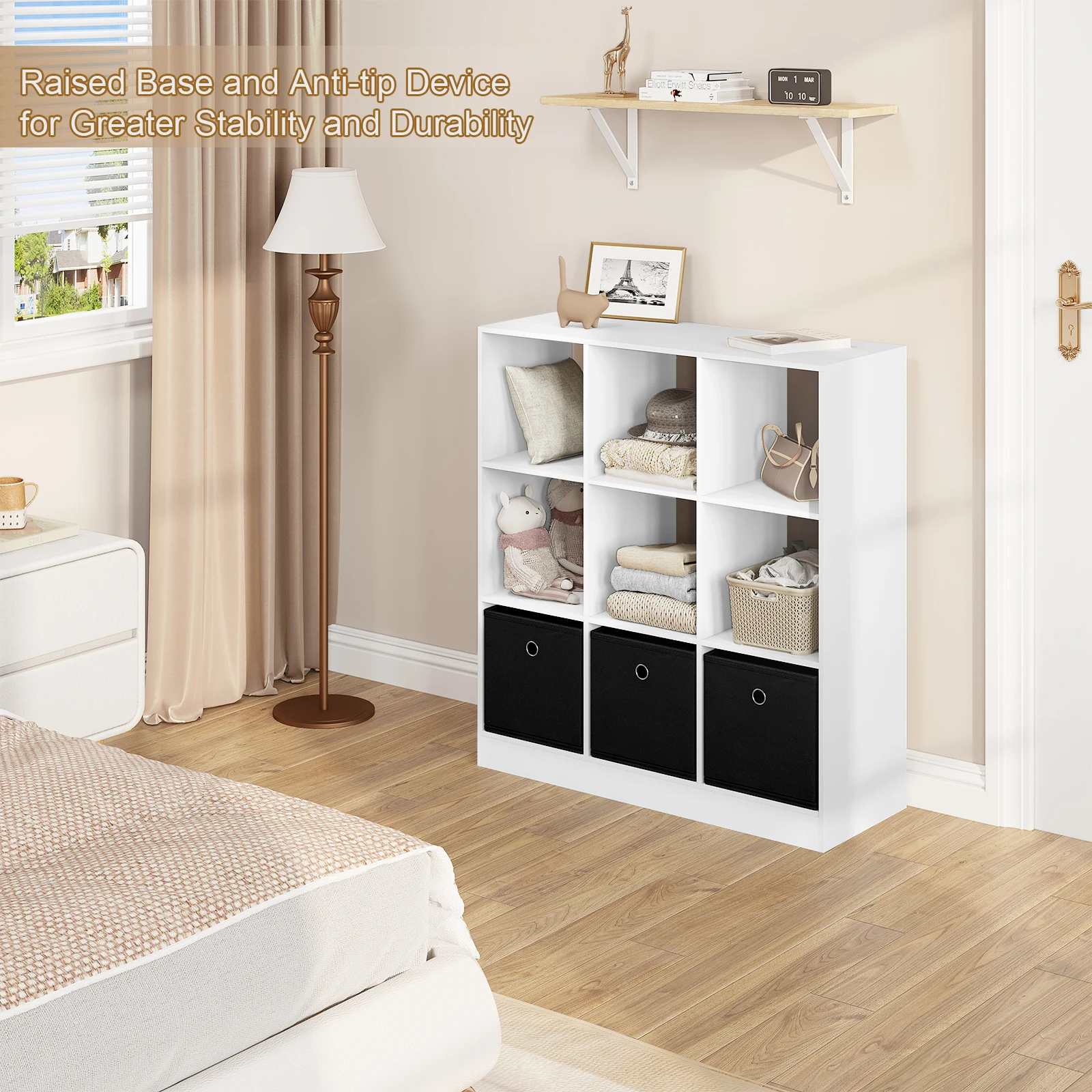 WOLTU Bücherregal, Aufbewahrungsregal, Würfel mit 9 Schließfächern, 3 Stoffschubladen, Bücherregal für Büro, Kinderzimmer, Wohnzimmer, Zuhause