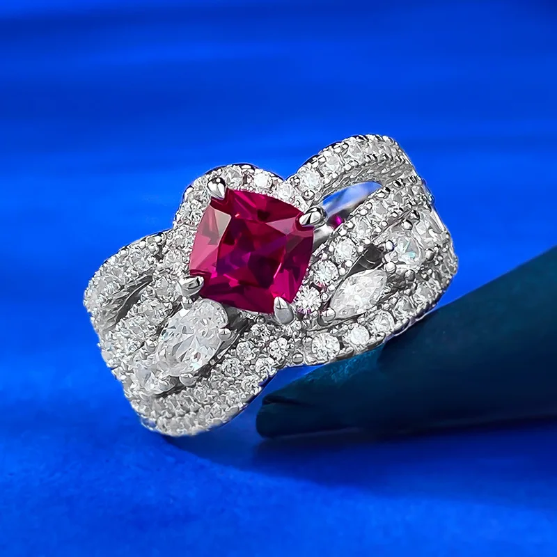 

925 Sterling Silver Fine Jewelry Engagement Rings for Women 6*6mm Red Ruby Gold Plated RingFine Jewelry Rings