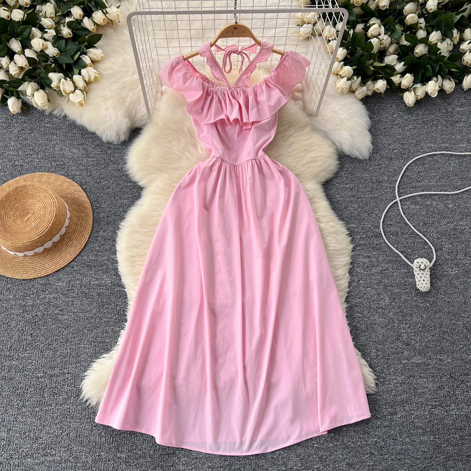 

French Vintage ruffle halter sleeveless sweet Dress Chic Elegant Vestidos Summer Fashion A-line pleated Dresses