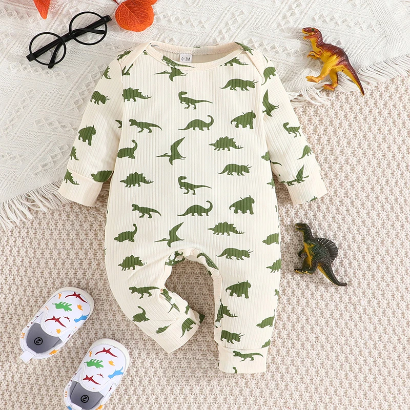 Baby Boy 2 Pack Long Sleeve Jumpsuit Newborn Ribbed Solid  Dinosaur Print Bodysuit Newborn Coming Home Outfit