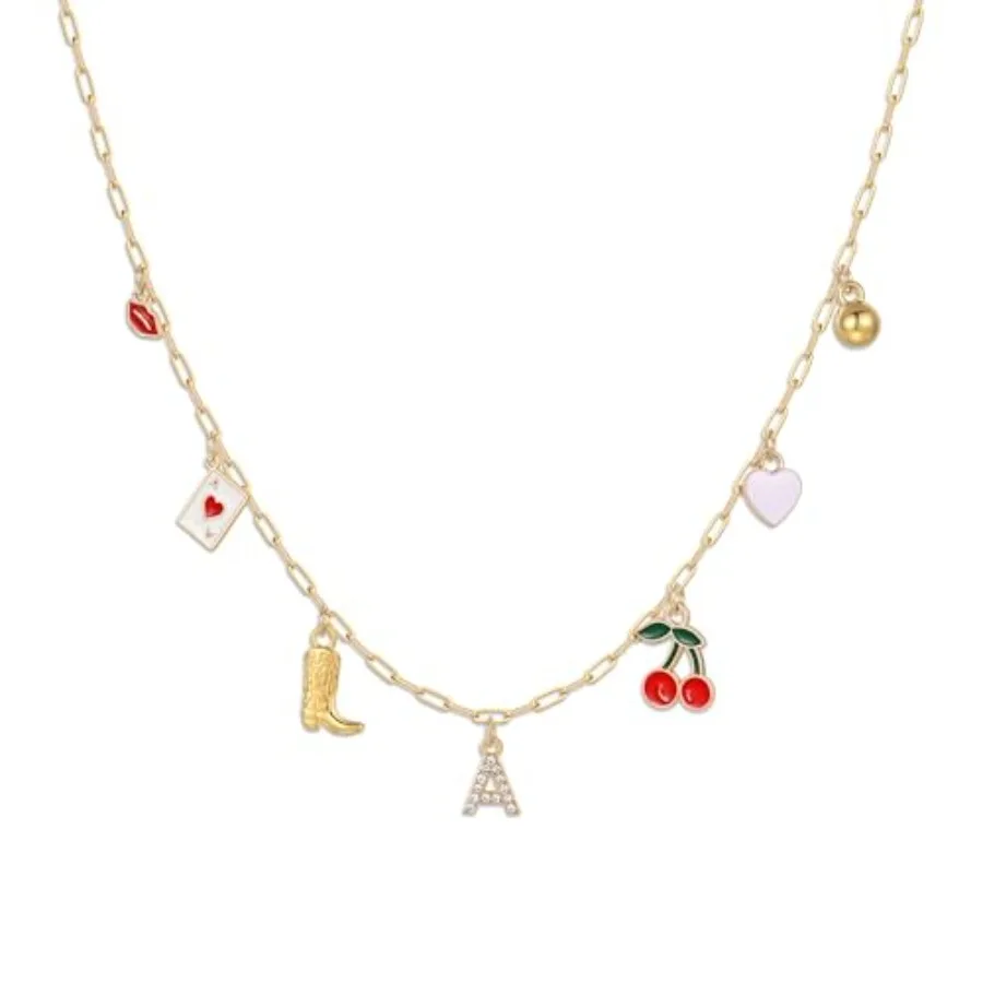 i f, Collar delicado chapado en oro de 14K con diseño de corazón de cereza estilo vaquero del oeste, Gargantilla de verano para la playa con letra A-Z, Monograma personalizado