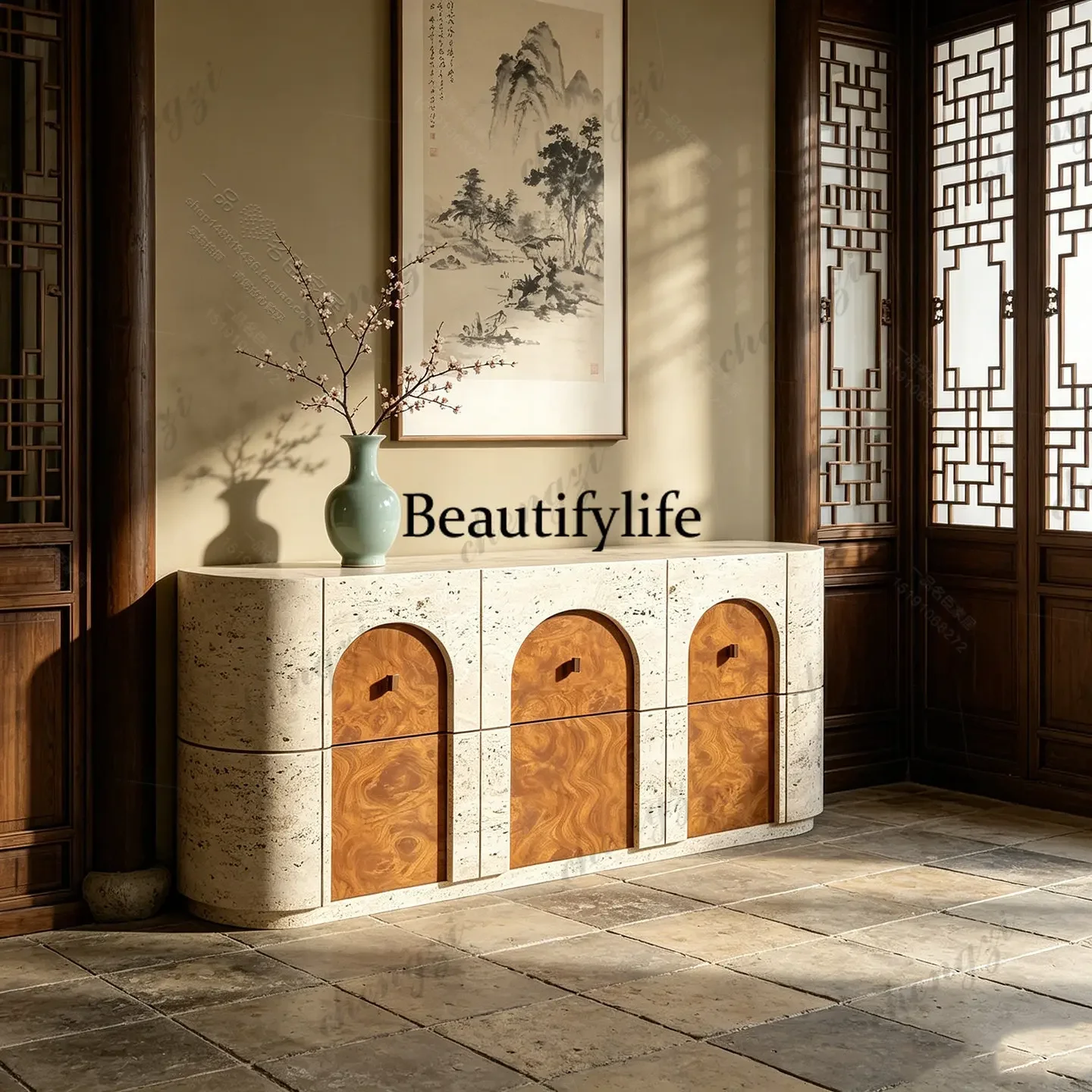 A4567 Mueble de entrada con patrón de imitación de piedra de cueva medieval francesa, puerta arqueada estilo wabi-sabi, mueble auxiliar de comedor premium.