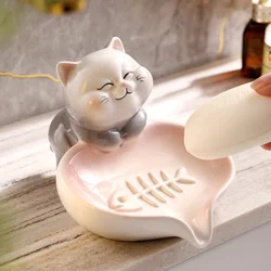 WHYOU Ceramic Cute Cat Soap Dish Bathroom Accessories Soap Holder Draining Box Creative Desk Jewelry Display Tray