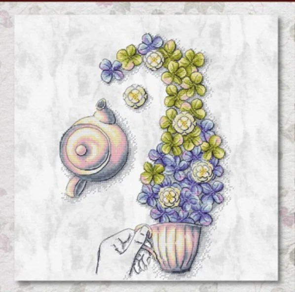 DIY Embroidery Cross Stitch Kits Craft Needlework Set Canvas Cotton tea with flowers series a purple hydrangea herbal tea