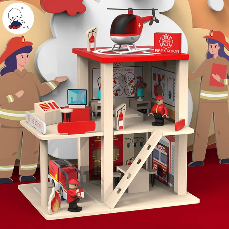 Wooden DIY Police & Fire Station Playset with Figures Kids Role Play Educational Toy