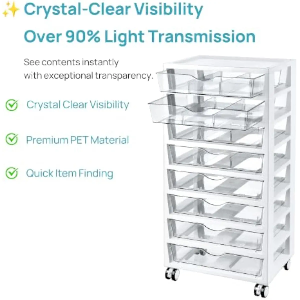8-Tier Mobile Storage Trolley with Transparent Pull-Out Drawers • Adjustable Dividers • Locking Casters • Tool-Free Assembly • P
