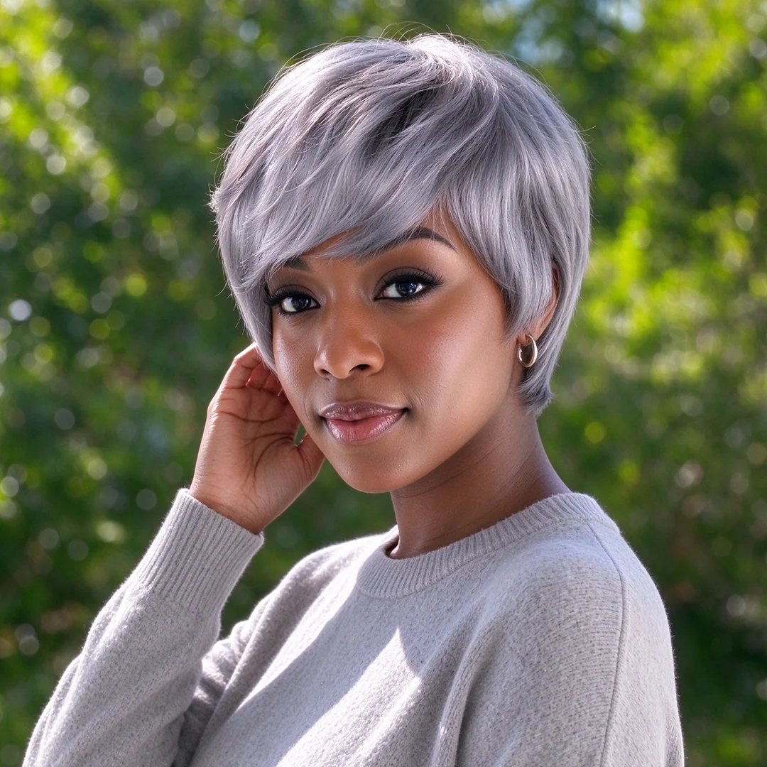 Silvery Gray Wigs Short Pixie Cut Wig for Black Women Human Hair Glueless Wig Short Layered Style with Bangs Fashion Girl's Wig