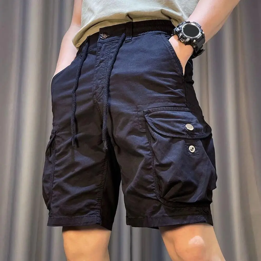 Casual Men Shorts Elastic Waist Men's Cargo Shorts Adjustable Drawstring Reinforced Pockets Straight Leg for Beach or Casual