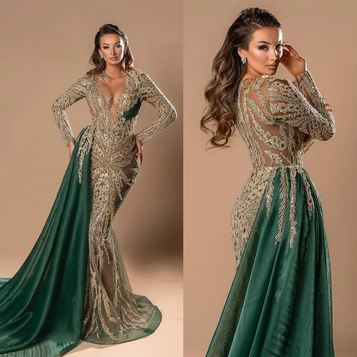 

Brilliant Evening Dress with Long Train Mermaid Formal Occasion Dresses Shining Sequins Beads Lace Prom Dress Vestido De Noite