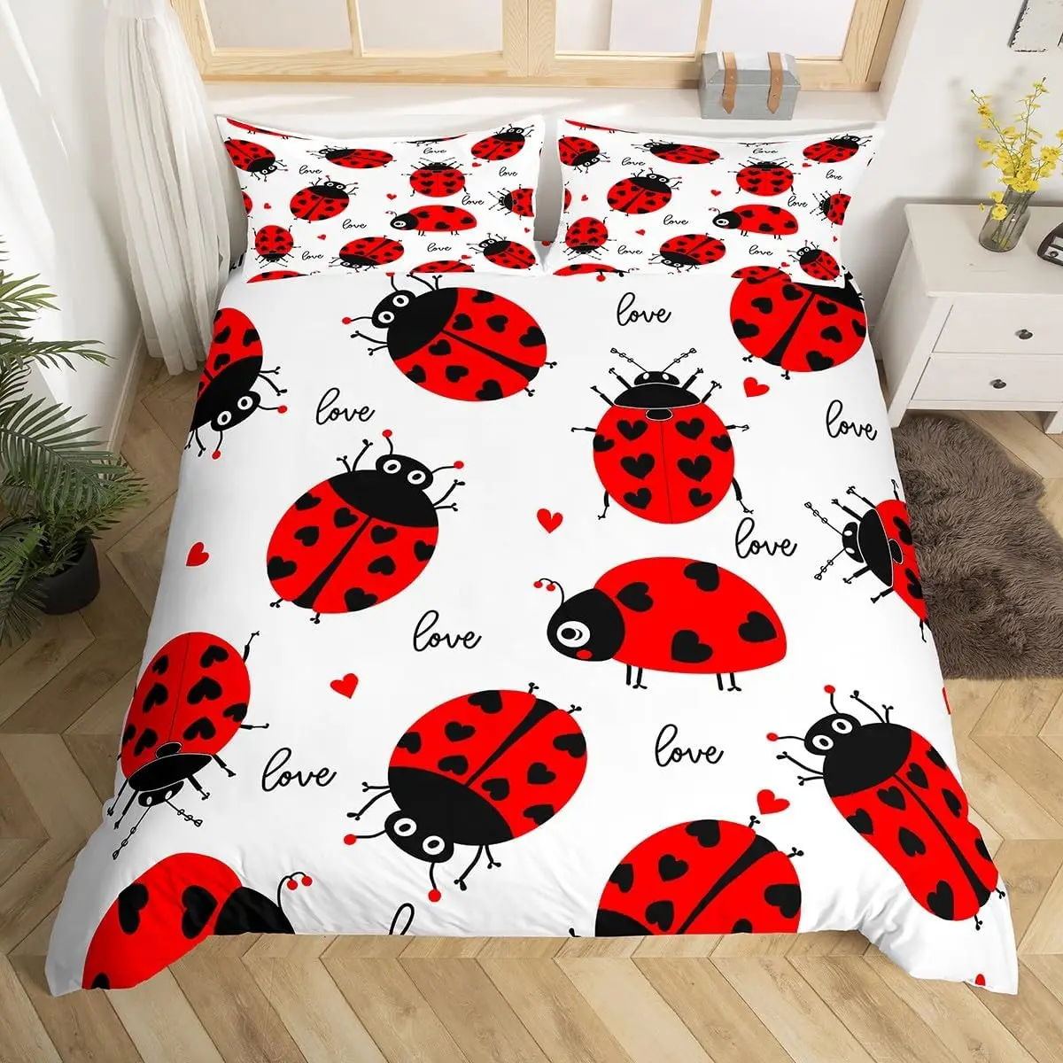 Cute Ladybug Duvet Cover Twin Queen Cartoon Animal Ladybird Insect Bedding Set Kawaii Wildlife Love Heart Print Comforter Cover