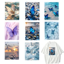 8 types Blue butterfly by the seaside DTF Thermo Sticker Decals Heat Transfer Clothes Clothing Crafts Ironing Diy Accessory