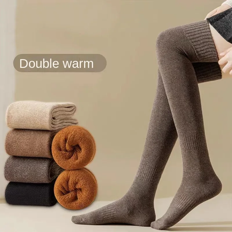 1PR Stockings Knee  Women\'s Thickened Warm Terry Cotton  Autumn  Winter College Style Towel Fleece-Lined Thigh Thigh High Socks