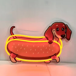 Dachshund Hotdog Printed Neon Sign Cartoon Dog Acrylic Led Lights Pet Animal Sign Wall Art Decor Dimmable Night Lamp for Baby