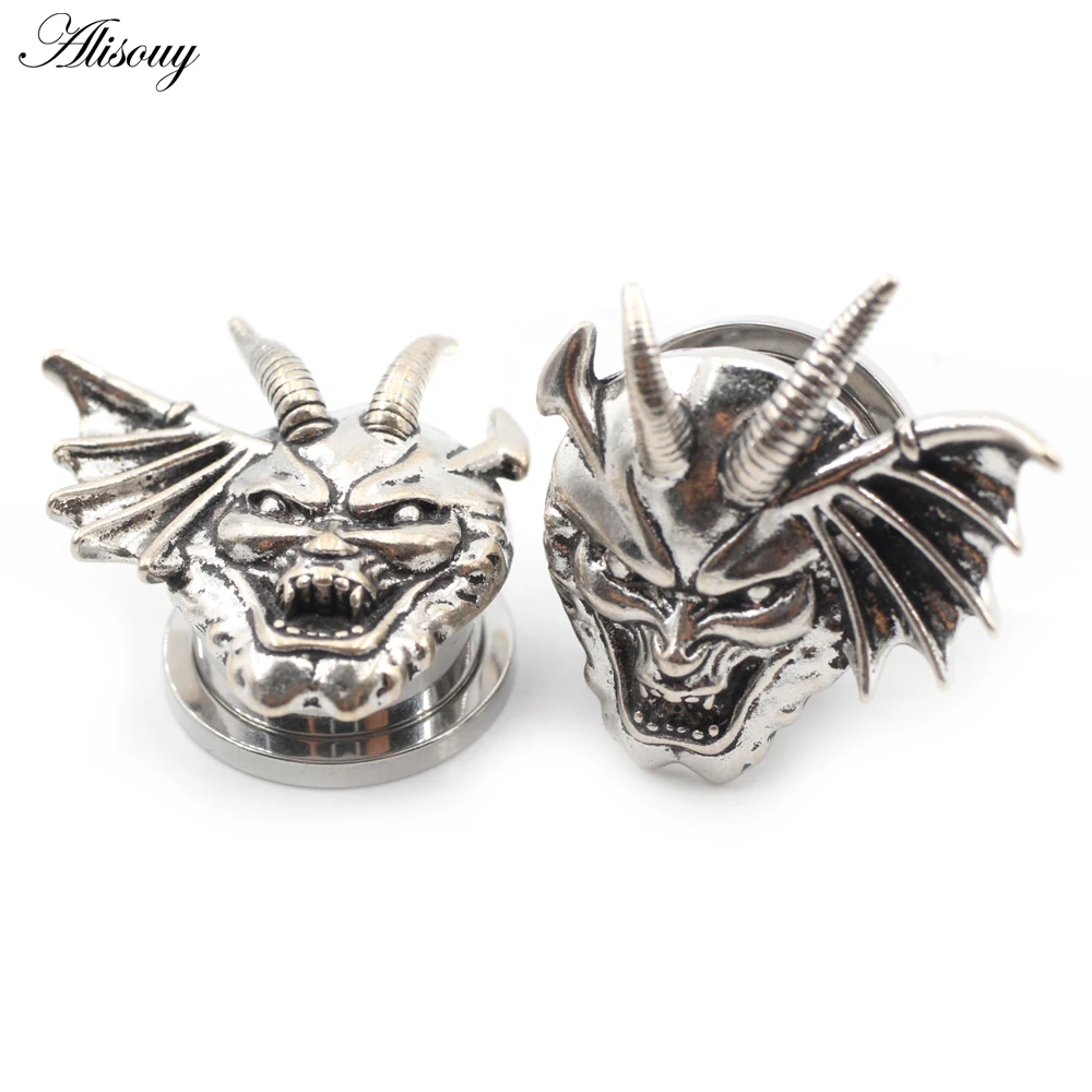 Alisouy 2PCS Stainless Steel Wing Devil Horn Threaded Ear Tunnel Plugs Expander Stretcher Gauge Earrings Piercing Body Jewelry