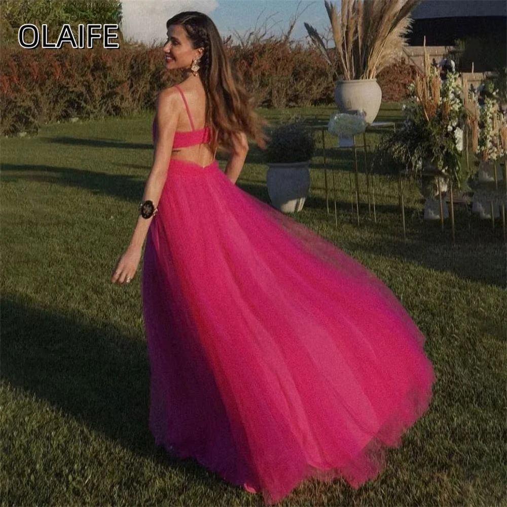 Olaife Spaghetti Strap V-neck A-line Tulle Dresses Split Party Wear Evening Dress Formal Prom Gowns Formal Long Luxury Wear