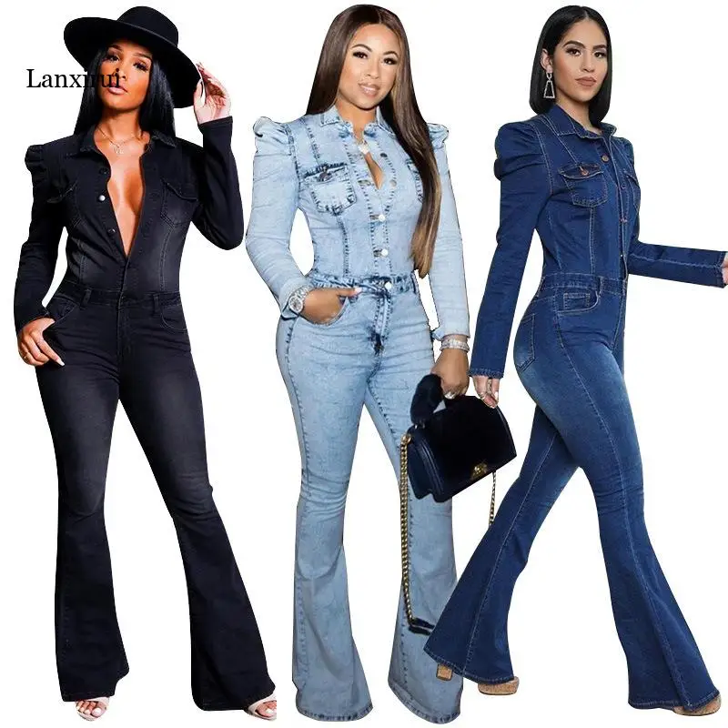 

Fashion Casual Slim Denim Wash Romper Bodysuit Clothing Women Black Jeans Jumpsuit Vintage Elegant Boot Cut Playsuits